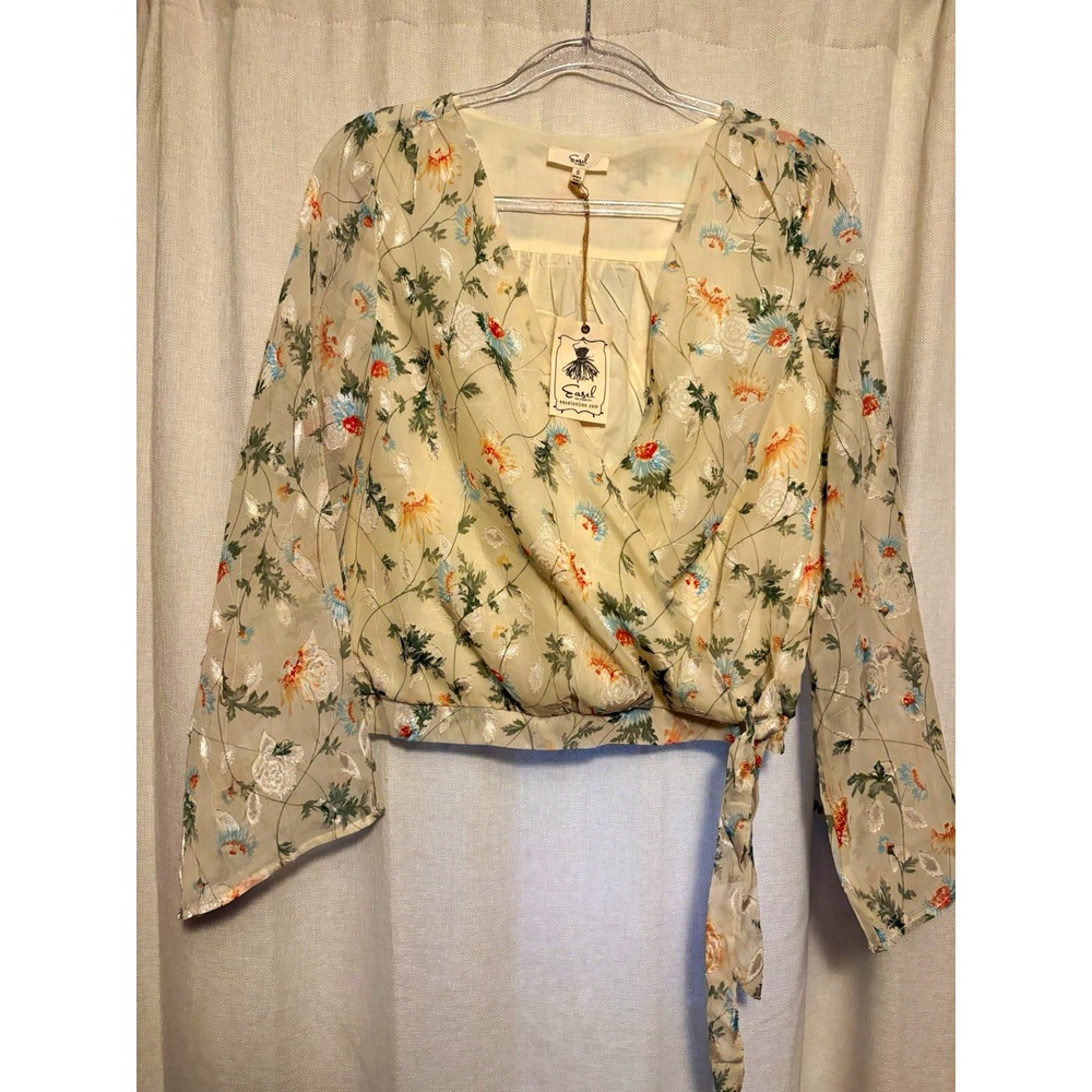 Whimsical Boho Fairy NWT Easel Women's S Floral V-Neck Flowy Sleeve Wrap Tie Top
